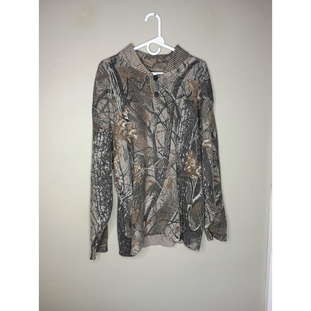 Vintage Saftbak Camo Sweater Size Medium Hardwoods Camo 1/4 Button Hunting